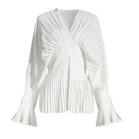 Causal Blouses For Female V Neck Flare Long Sleeve High Wiast Pleated Women Shirts Clothes Fashion Spring
