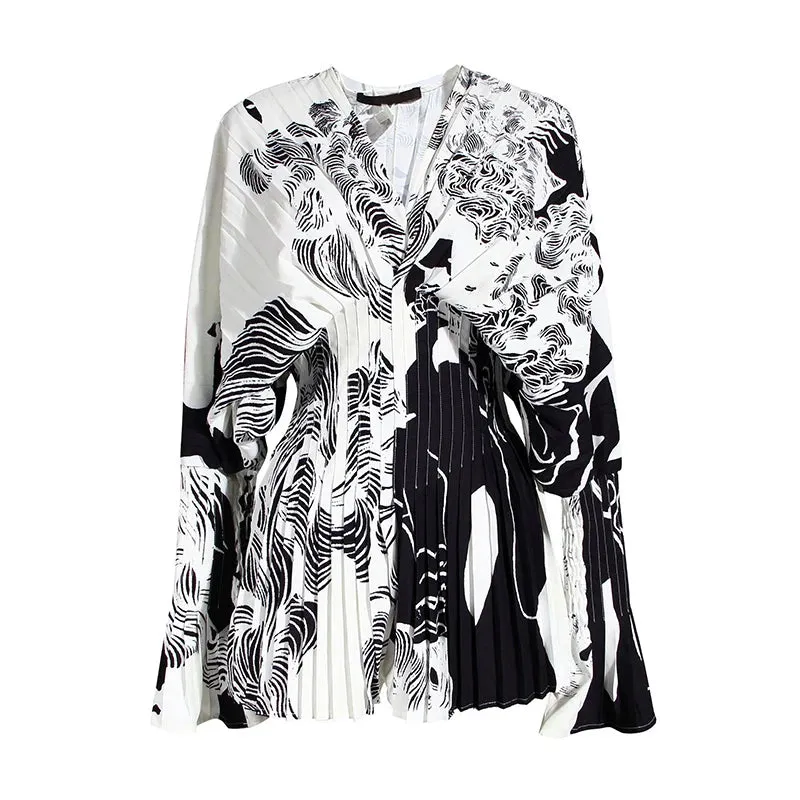 Causal Blouses For Female V Neck Flare Long Sleeve High Wiast Pleated Women Shirts Clothes Fashion Spring