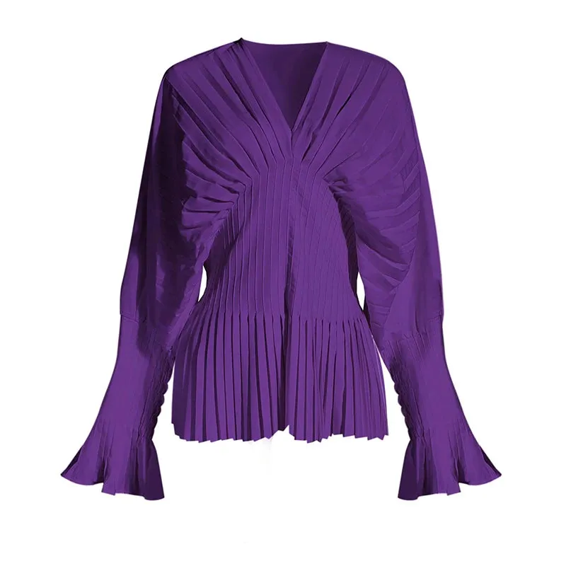 Causal Blouses For Female V Neck Flare Long Sleeve High Wiast Pleated Women Shirts Clothes Fashion Spring