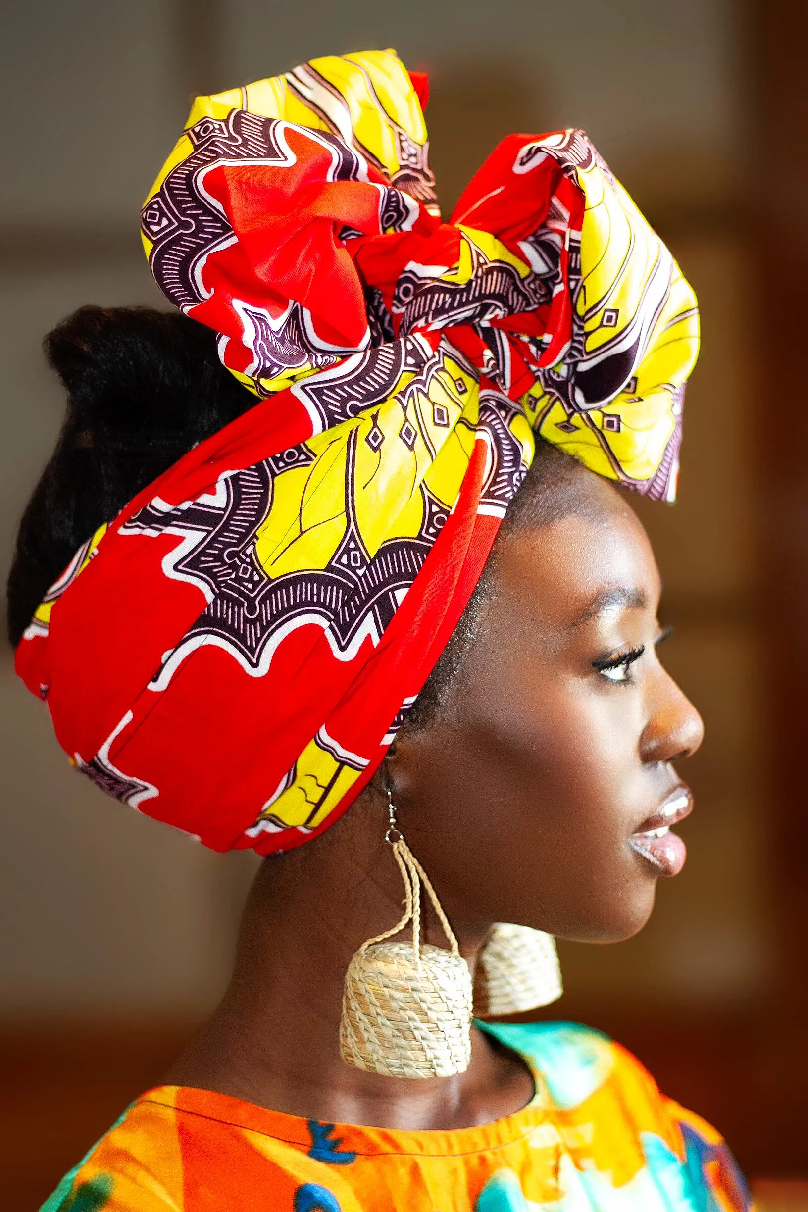 Gift Bundle African Ankara Print Headwrap/Headtie with Rattan Earring- Kenya