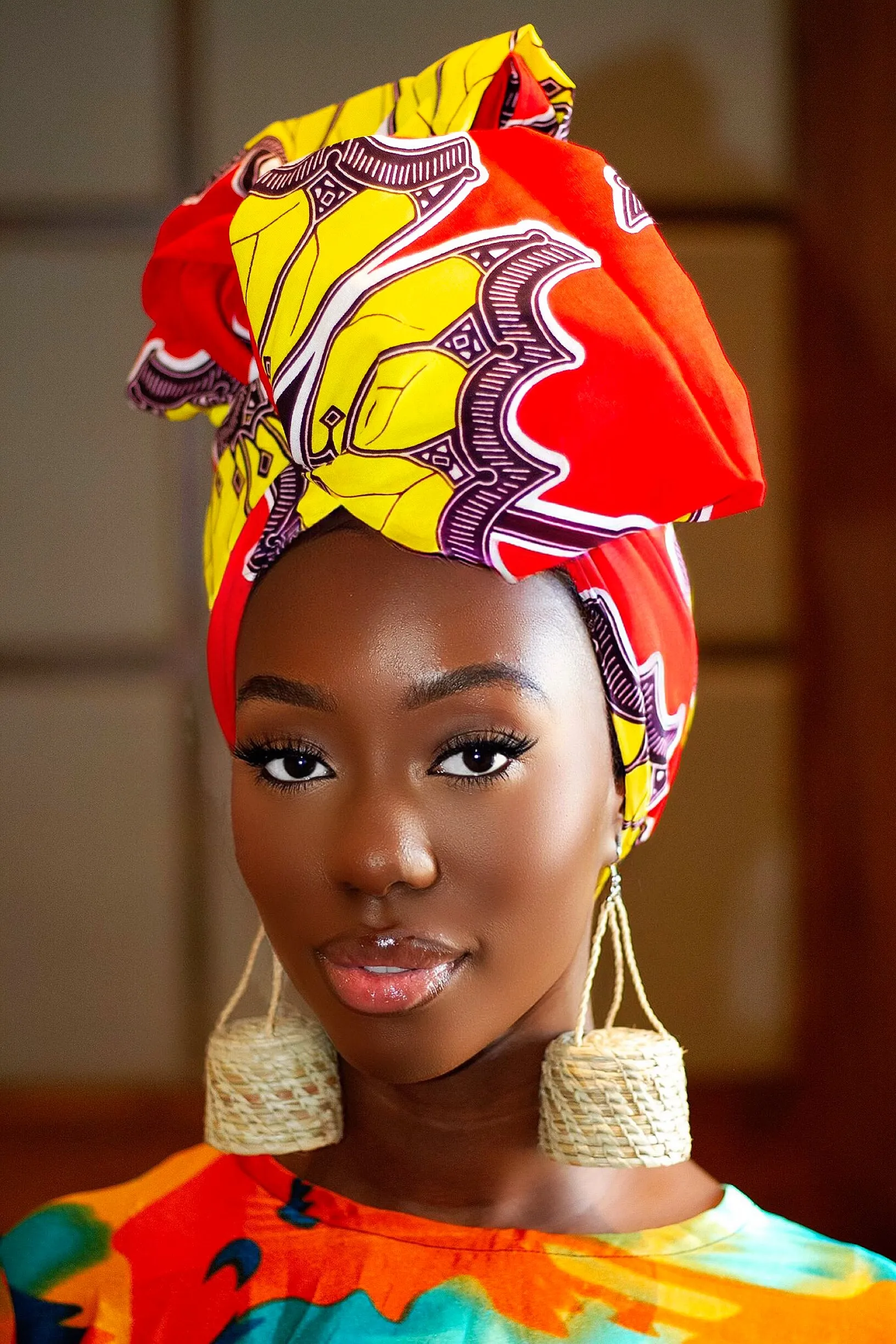 Gift Bundle African Ankara Print Headwrap/Headtie with Rattan Earring- Kenya