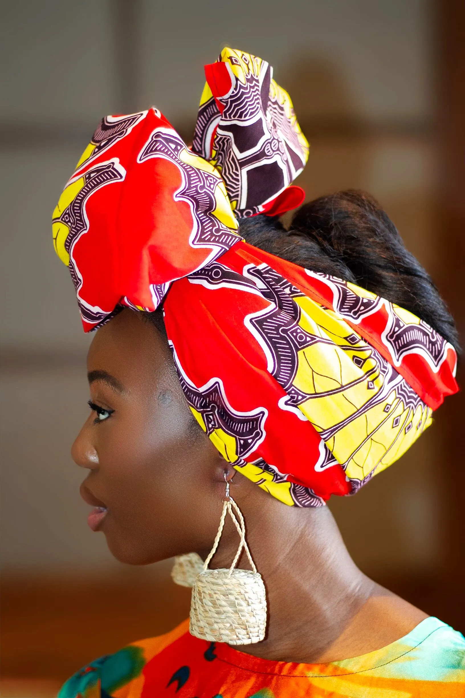 Gift Bundle African Ankara Print Headwrap/Headtie with Rattan Earring- Kenya