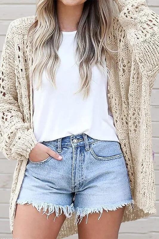 Hollowed Crochet Dolman Knit Sleeve Cardigan