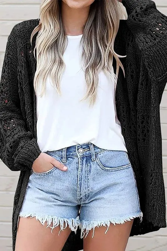 Hollowed Crochet Dolman Knit Sleeve Cardigan
