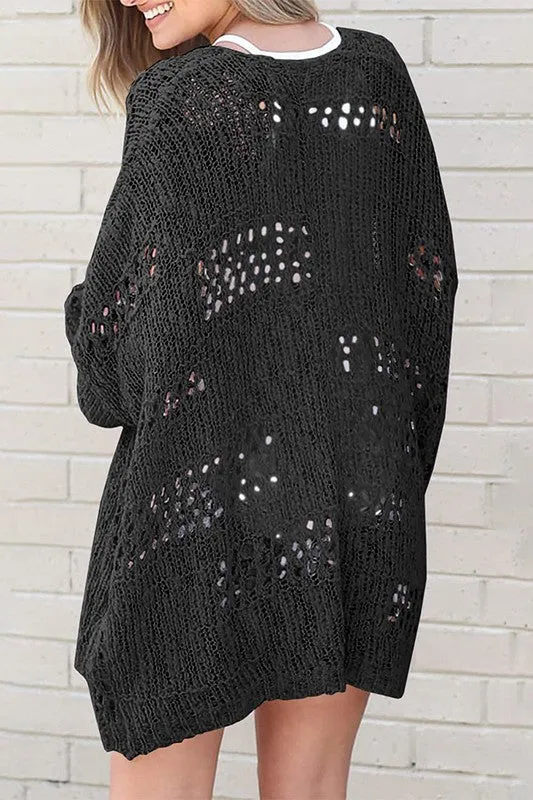 Hollowed Crochet Dolman Knit Sleeve Cardigan