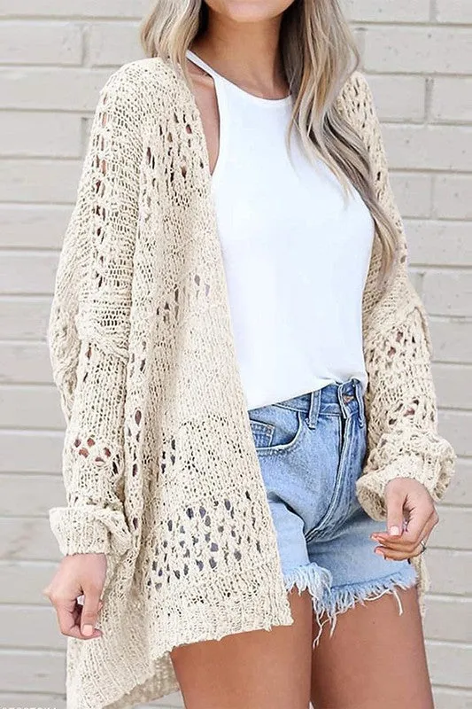 Hollowed Crochet Dolman Knit Sleeve Cardigan
