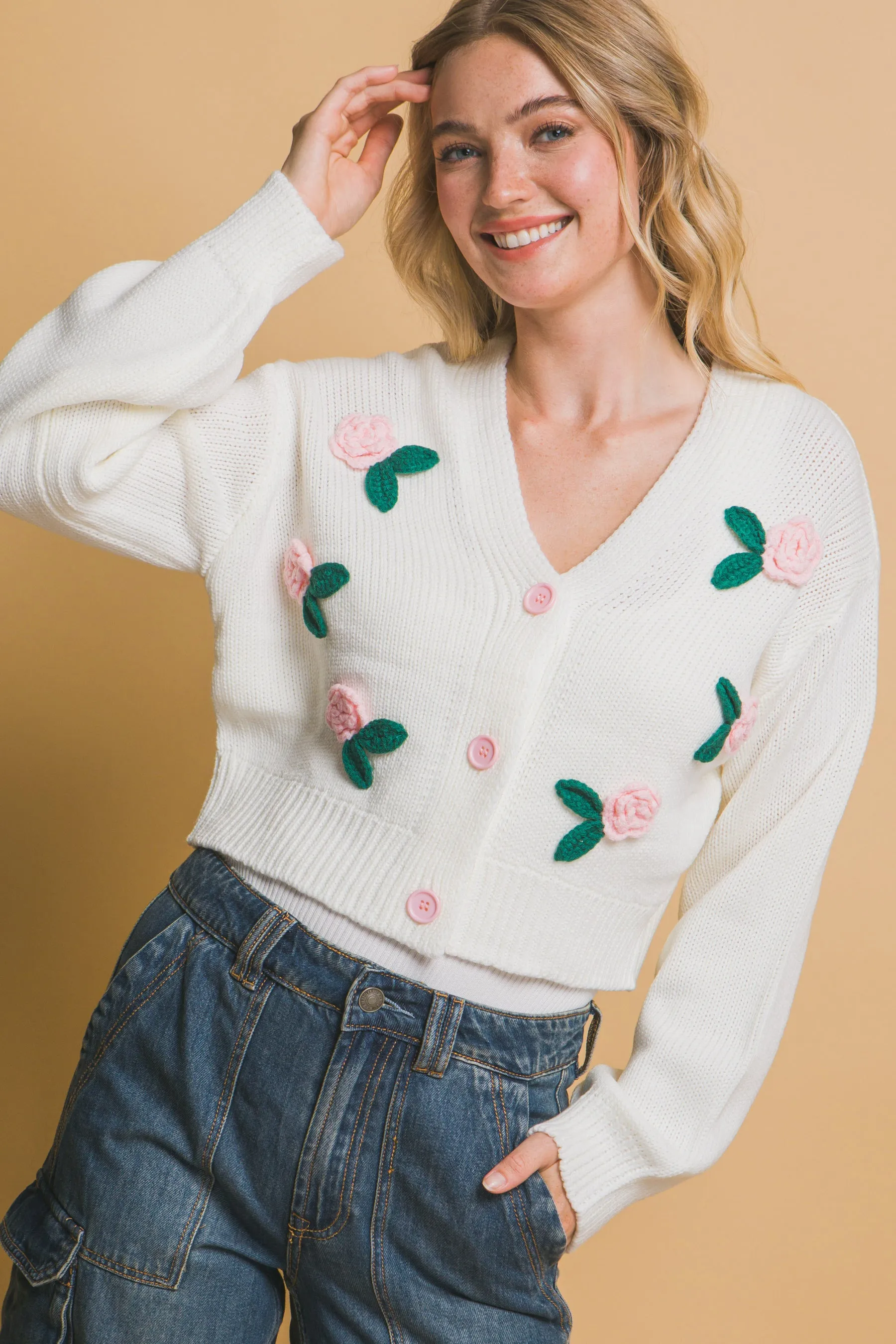 Off White Mid Cropped Flower Cardigan