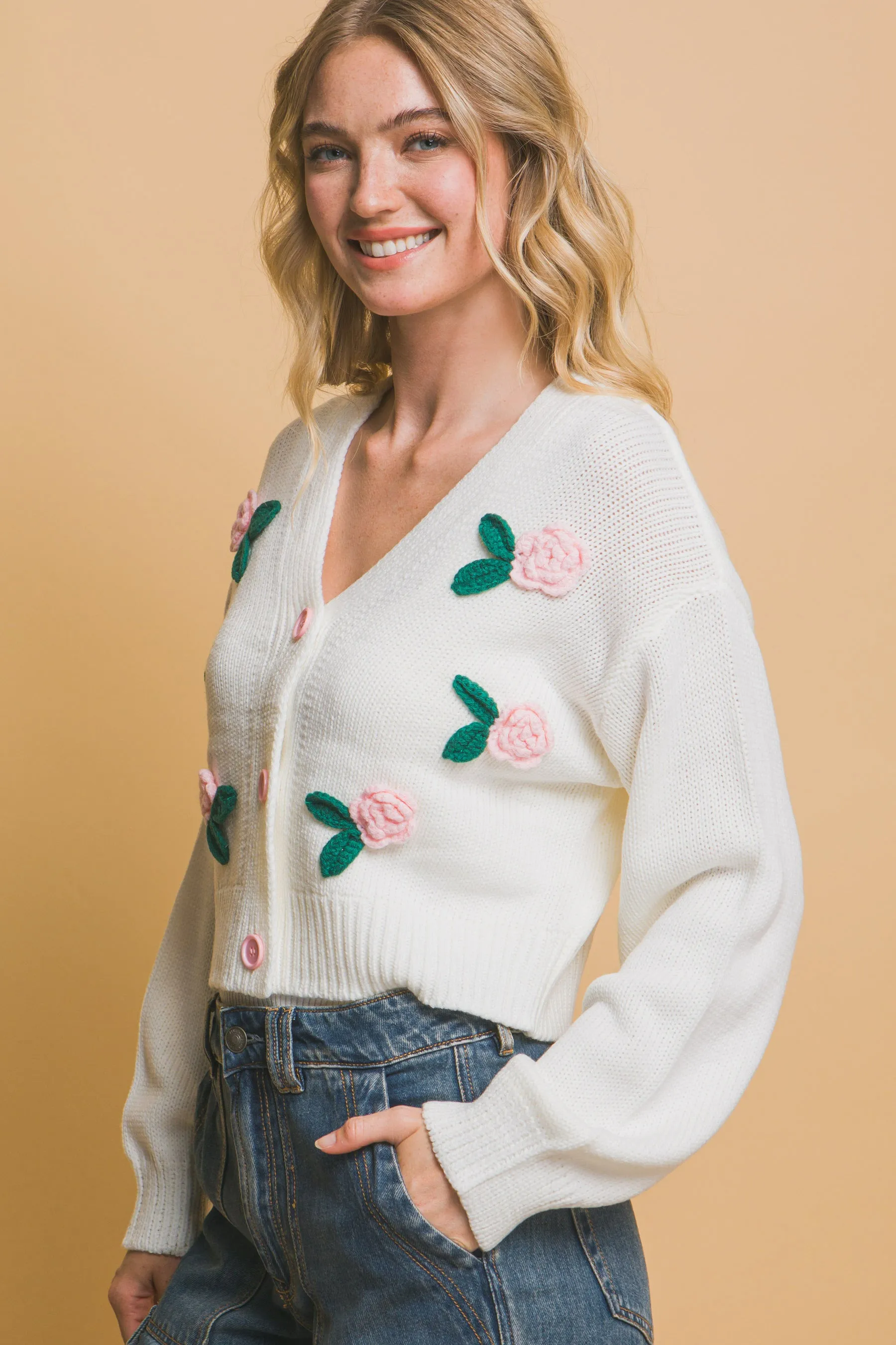 Off White Mid Cropped Flower Cardigan