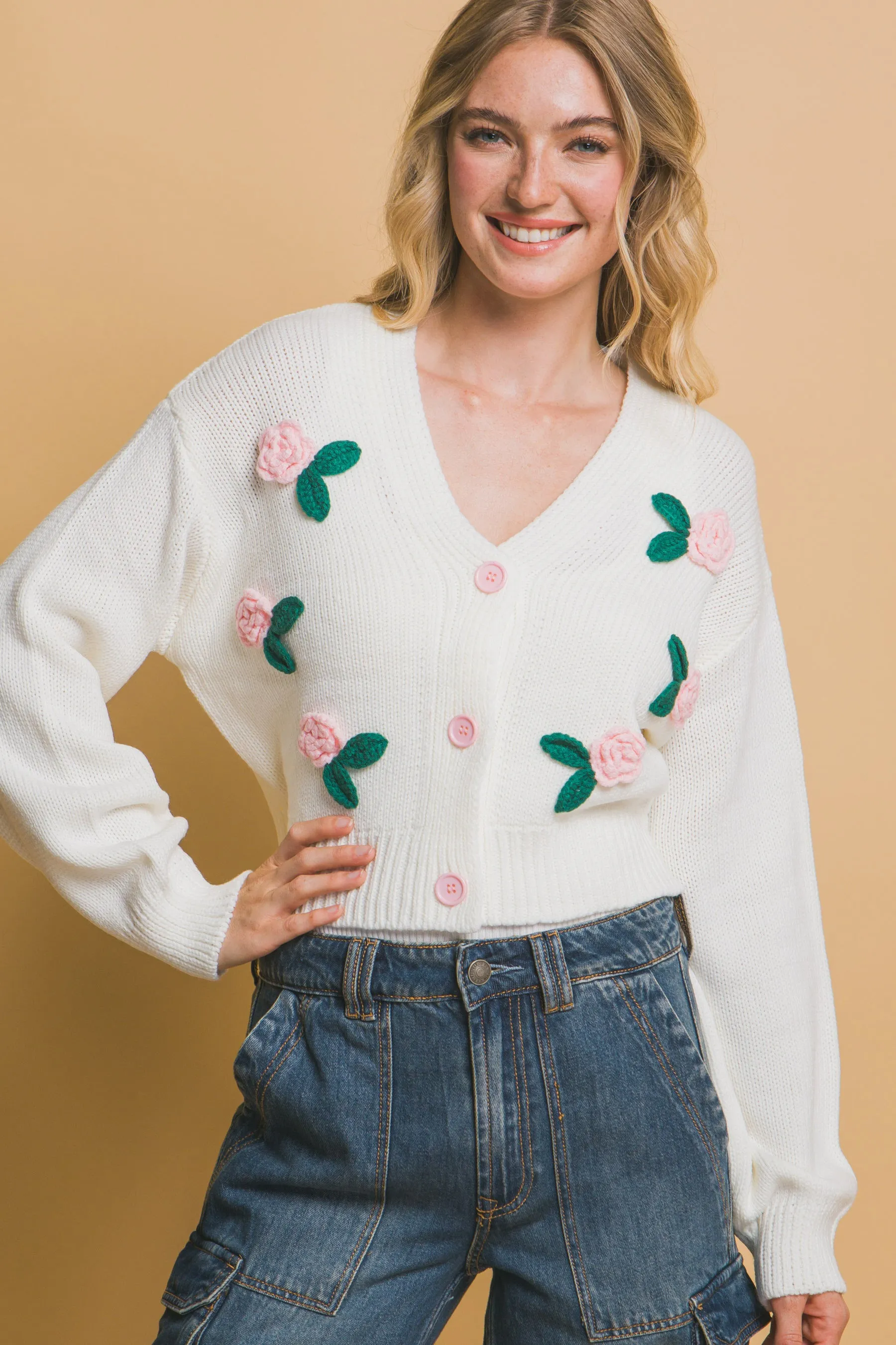 Off White Mid Cropped Flower Cardigan